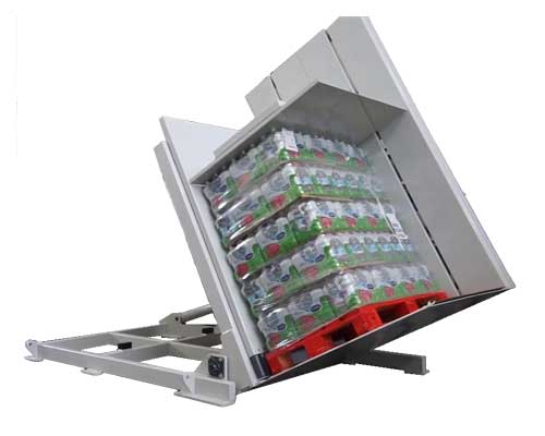 Heavy-duty pallet upender lifting a loaded pallet