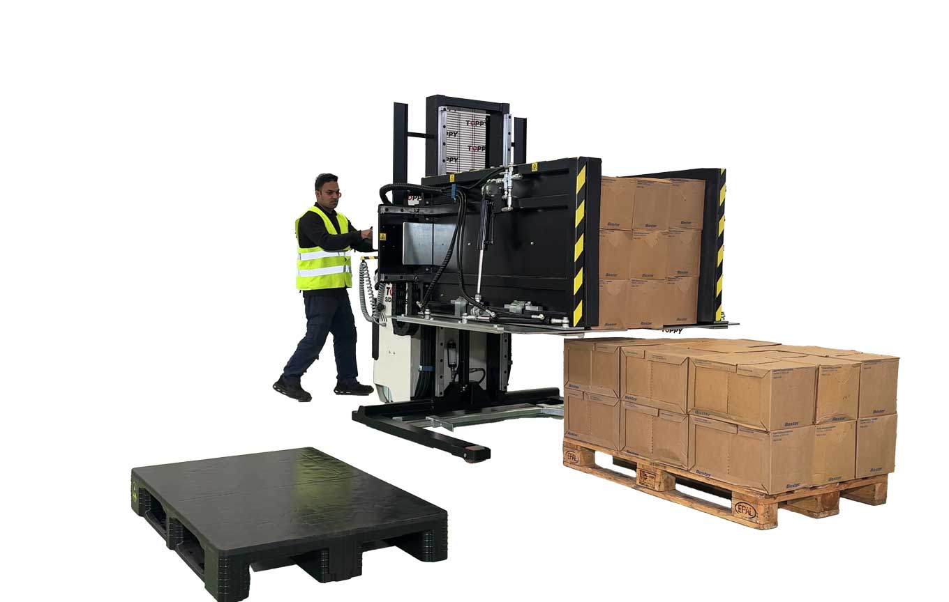 Layer picker transferring product layers with support from a pallet inverter