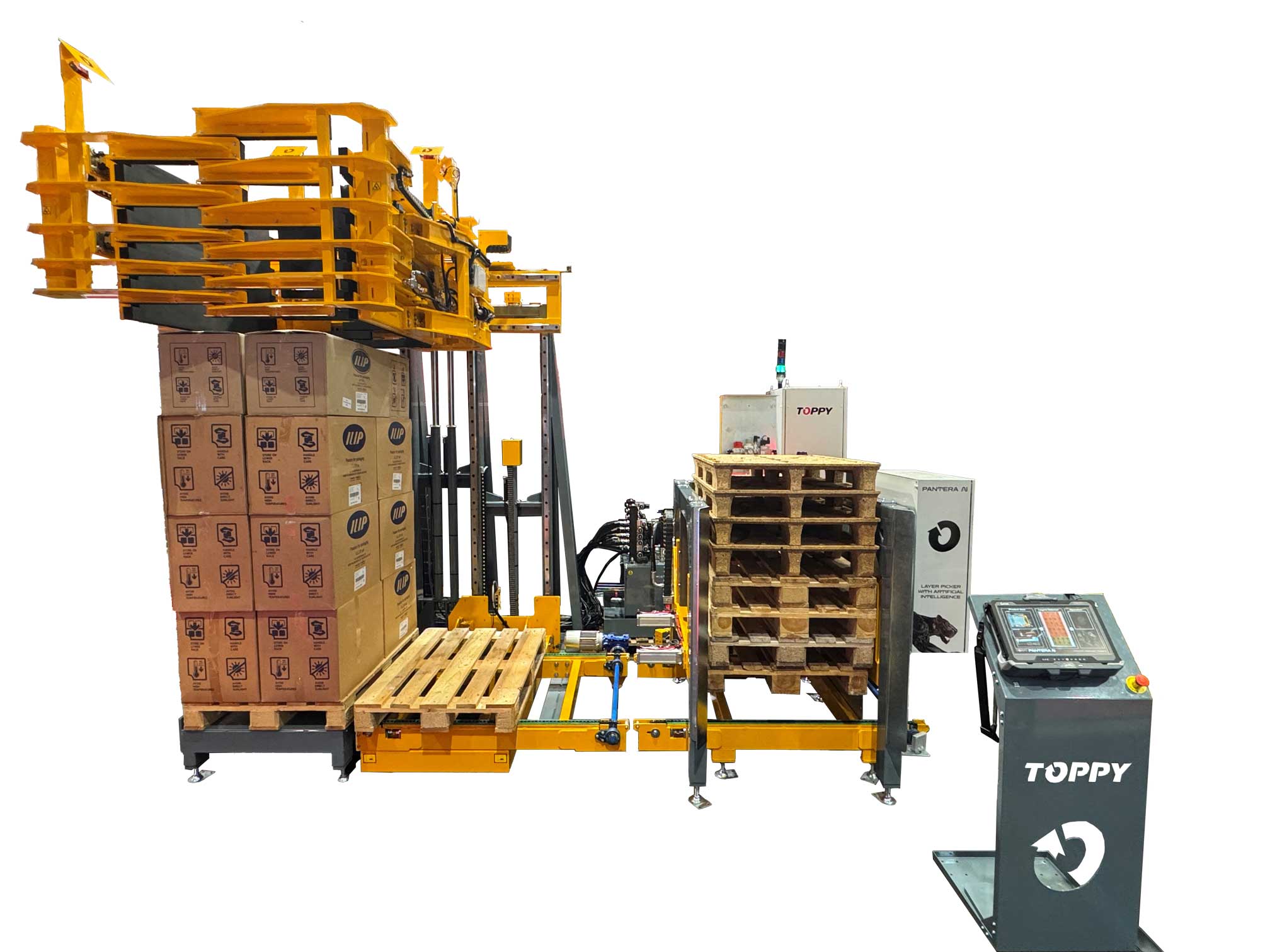Robotic layer picker working alongside a pallet inverter to build mixed pallets