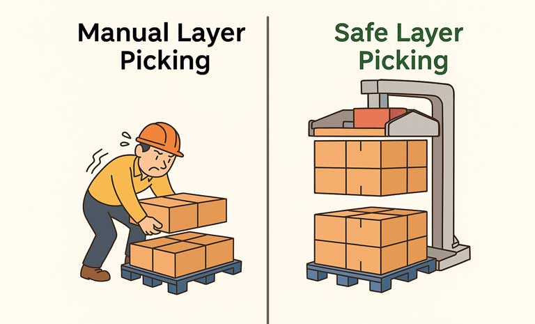 Layer picker and pallet inverter optimizing warehouse workflow together